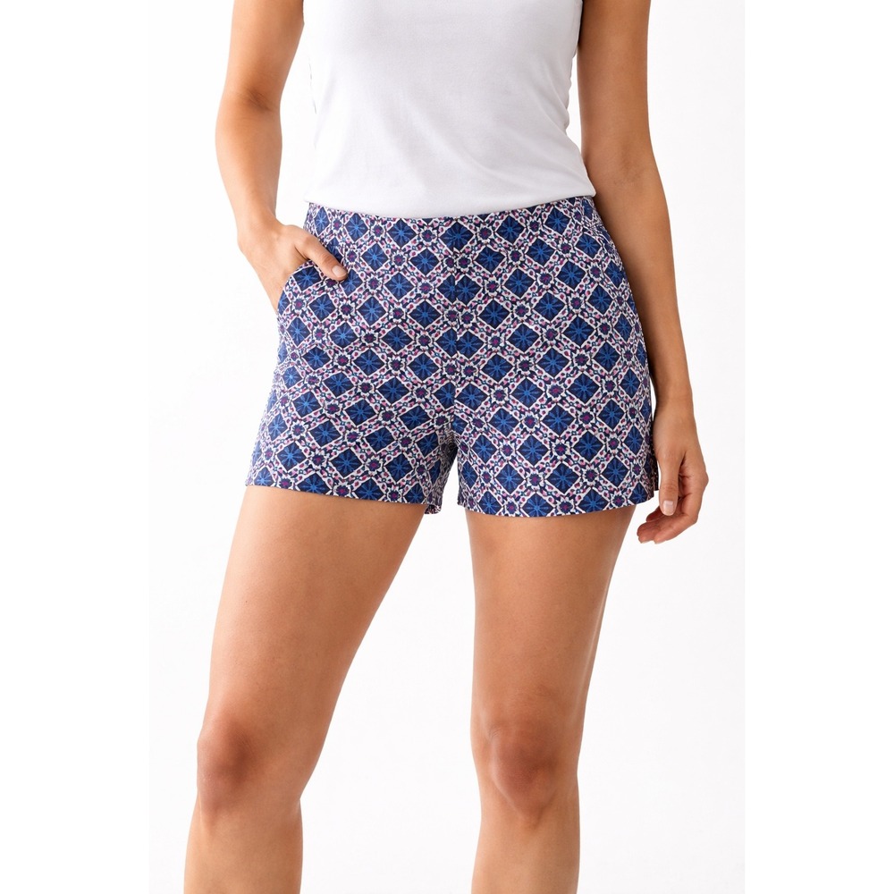 Boden Richmond Shorts Blue Pink Geometric Tile Print Cotton Stretch Womens Sz 6